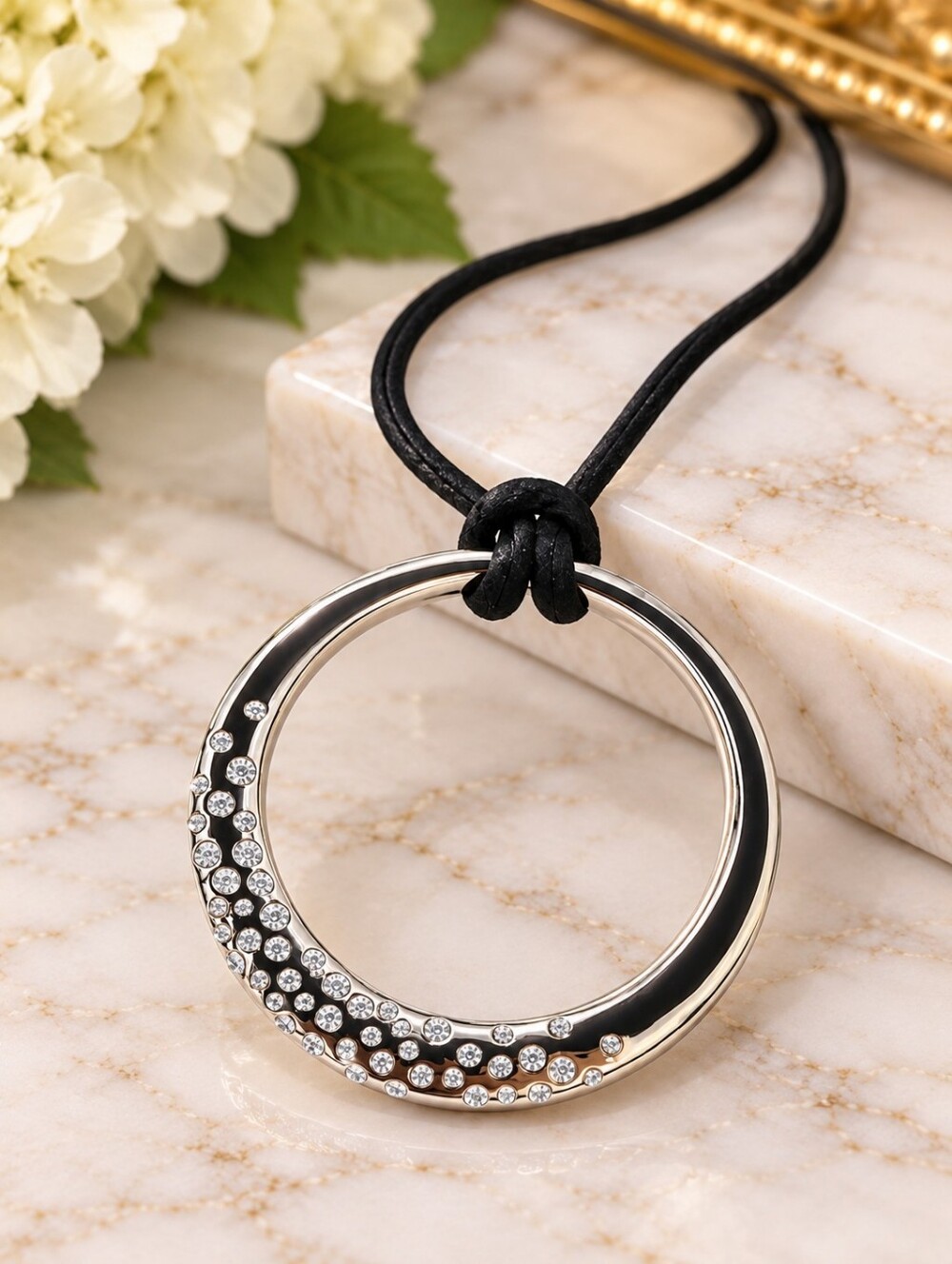 Swarovski Crystal Elements Sterling Silver Overlay Circle Pendant Cord Necklace